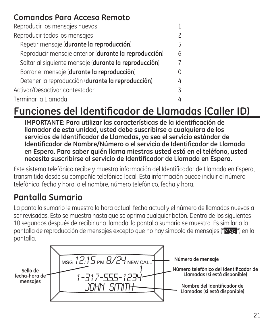 Pantalla sumario, Comandos para acceso remoto | GE 55927740 User Manual | Page 57 / 72
