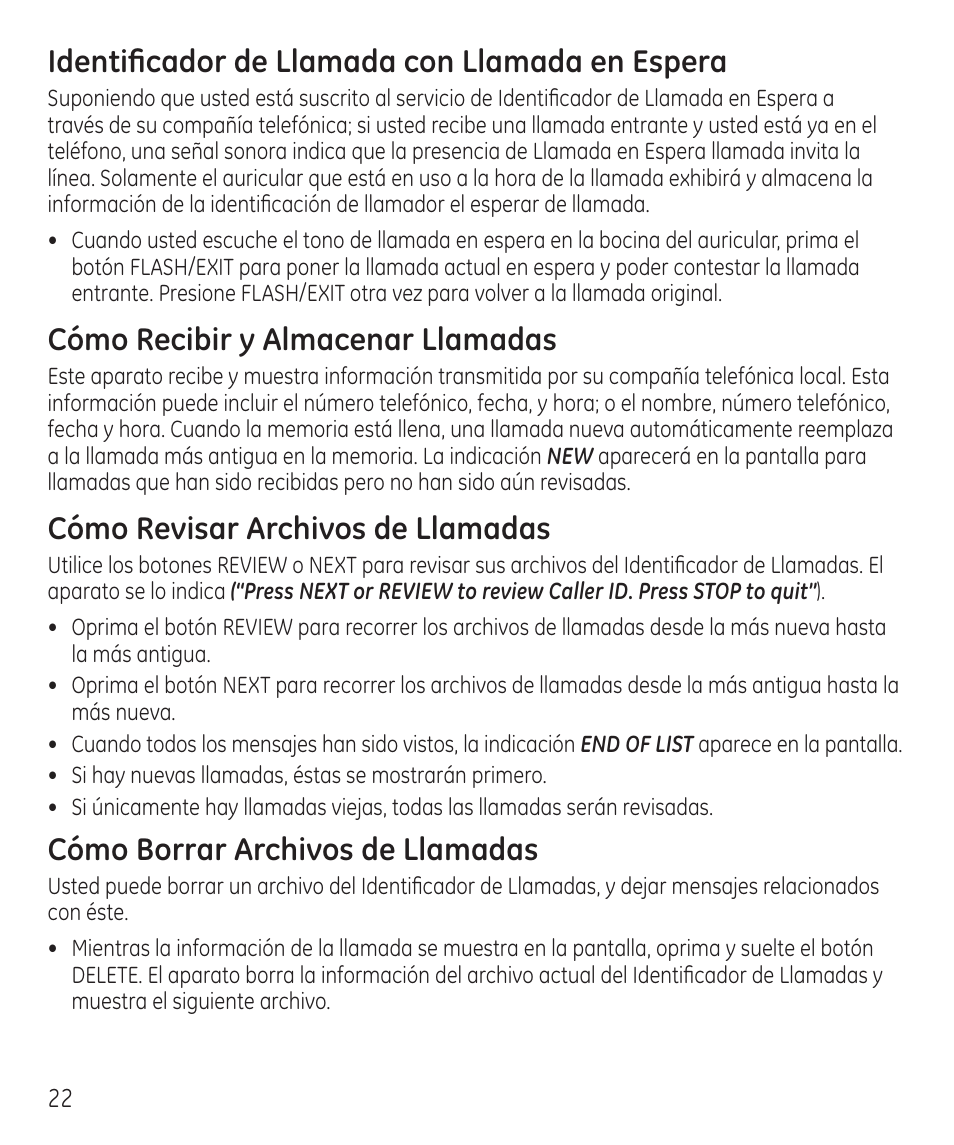 Identificador de llamada con llamada en espera, Cómo recibir y almacenar llamadas, Cómo revisar archivos de llamadas | Cómo borrar archivos de llamadas | GE 55927740 User Manual | Page 58 / 72