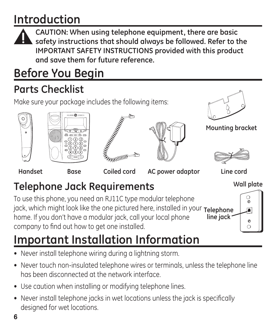 Important installation information, Introduction, Before you begin | Telephone jack requirements, Parts checklist | GE 55927740 User Manual | Page 6 / 72