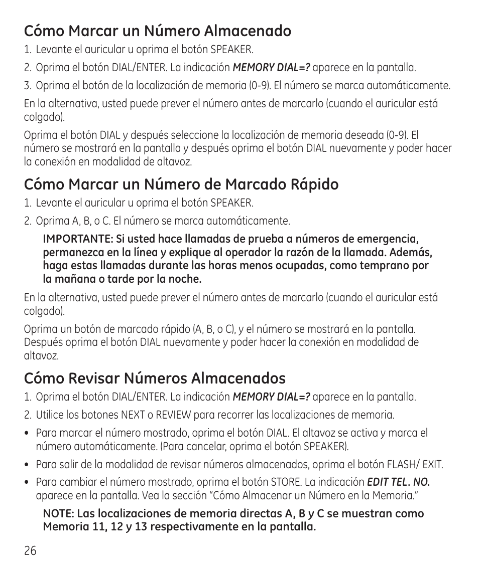 Cómo marcar un número almacenado, Cómo marcar un número de marcado rápido, Cómo revisar números almacenados | GE 55927740 User Manual | Page 62 / 72