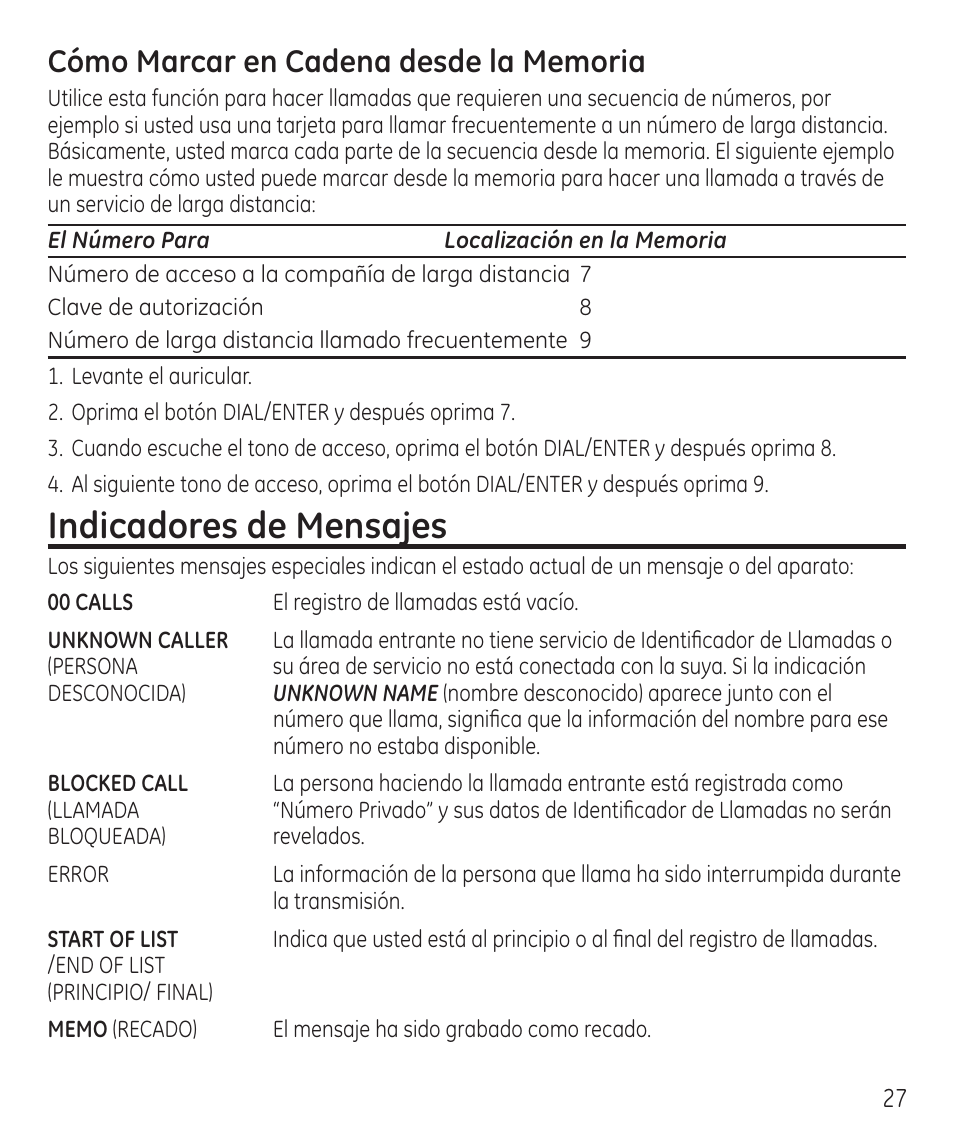 Indicadores de mensajes | GE 55927740 User Manual | Page 63 / 72