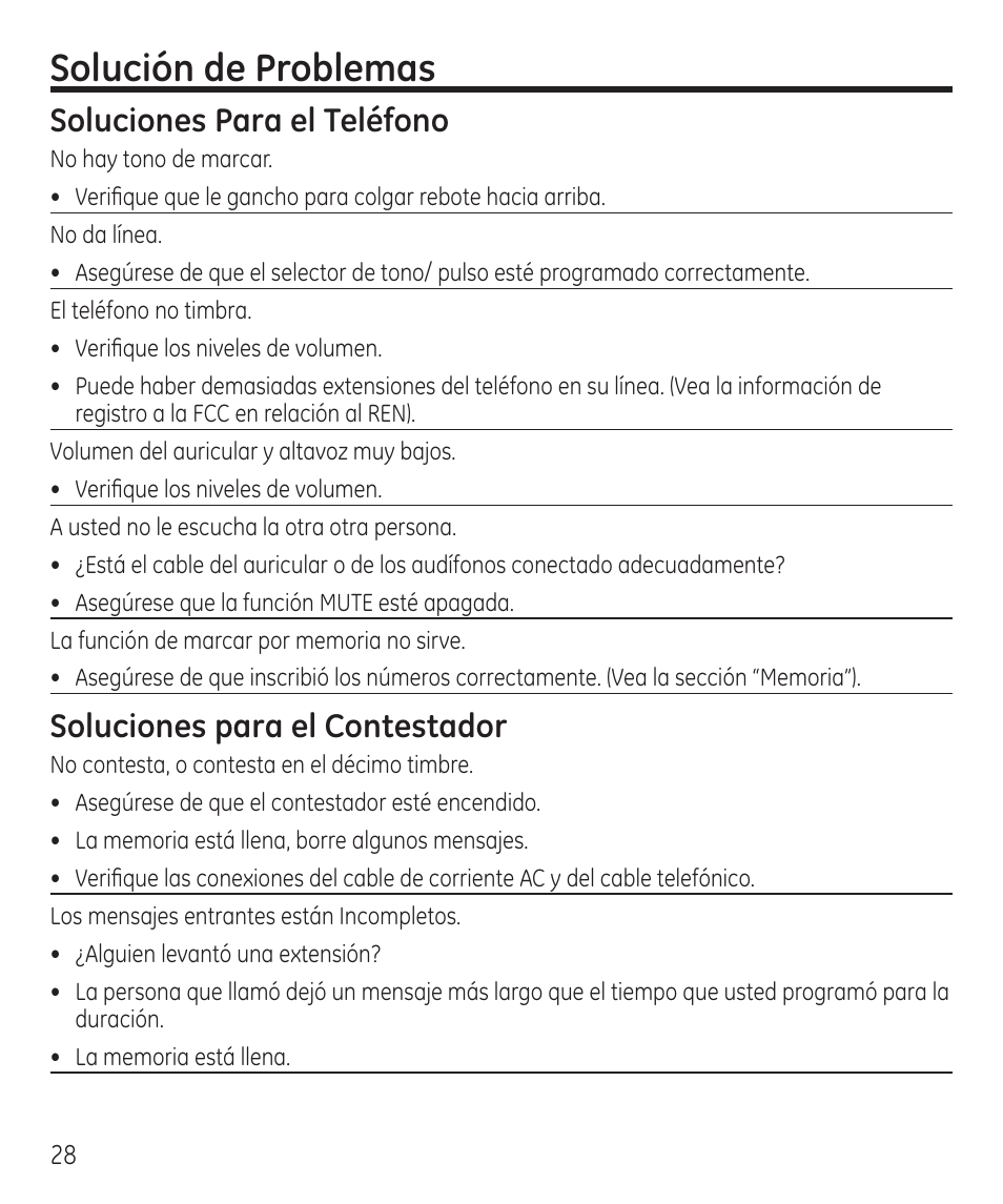 Solución de problemas, Soluciones para el teléfono, Soluciones para el contestador | GE 55927740 User Manual | Page 64 / 72