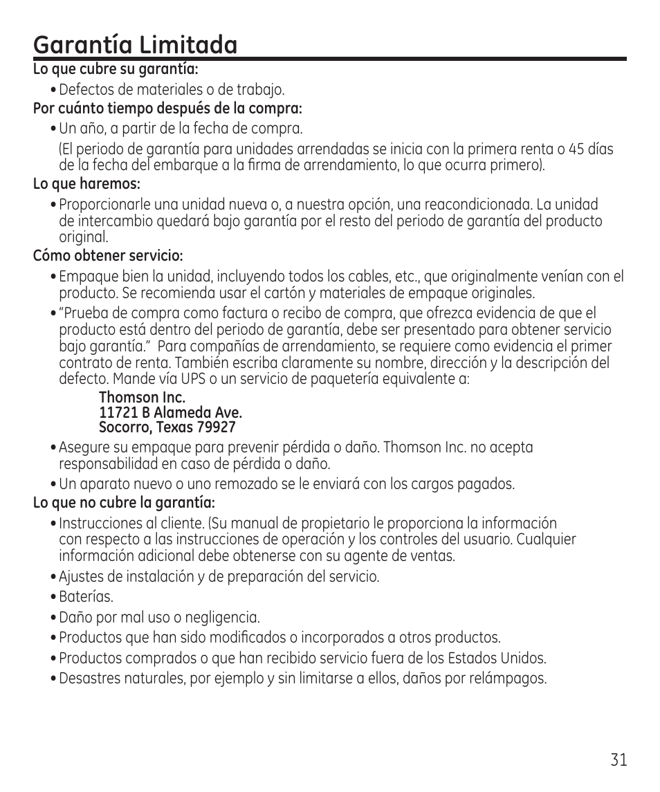 Garantía limitada | GE 55927740 User Manual | Page 67 / 72