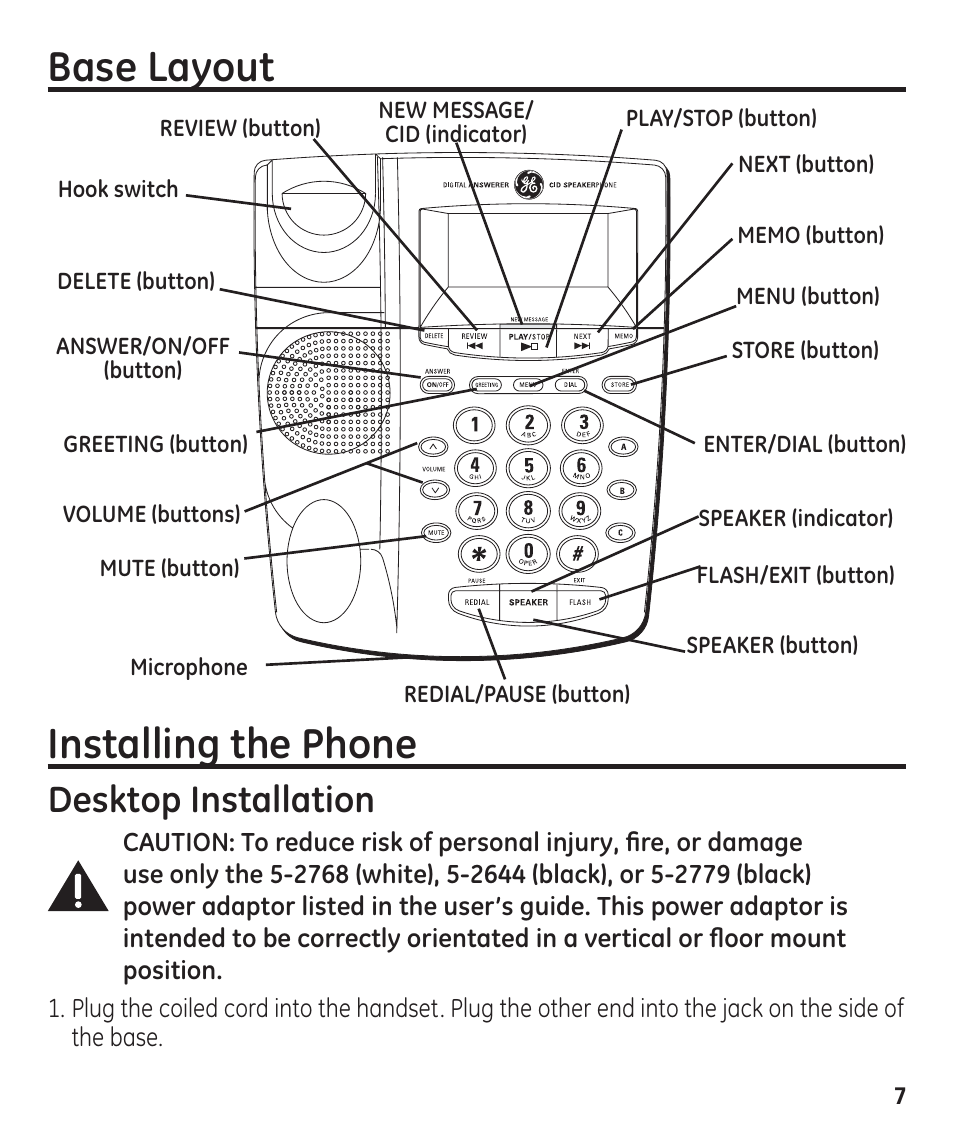 Base layout, Installing the phone, Desktop installation | GE 55927740 User Manual | Page 7 / 72