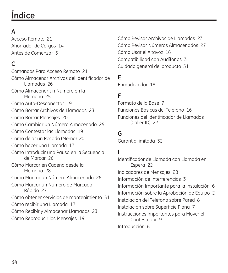 Índice | GE 55927740 User Manual | Page 70 / 72