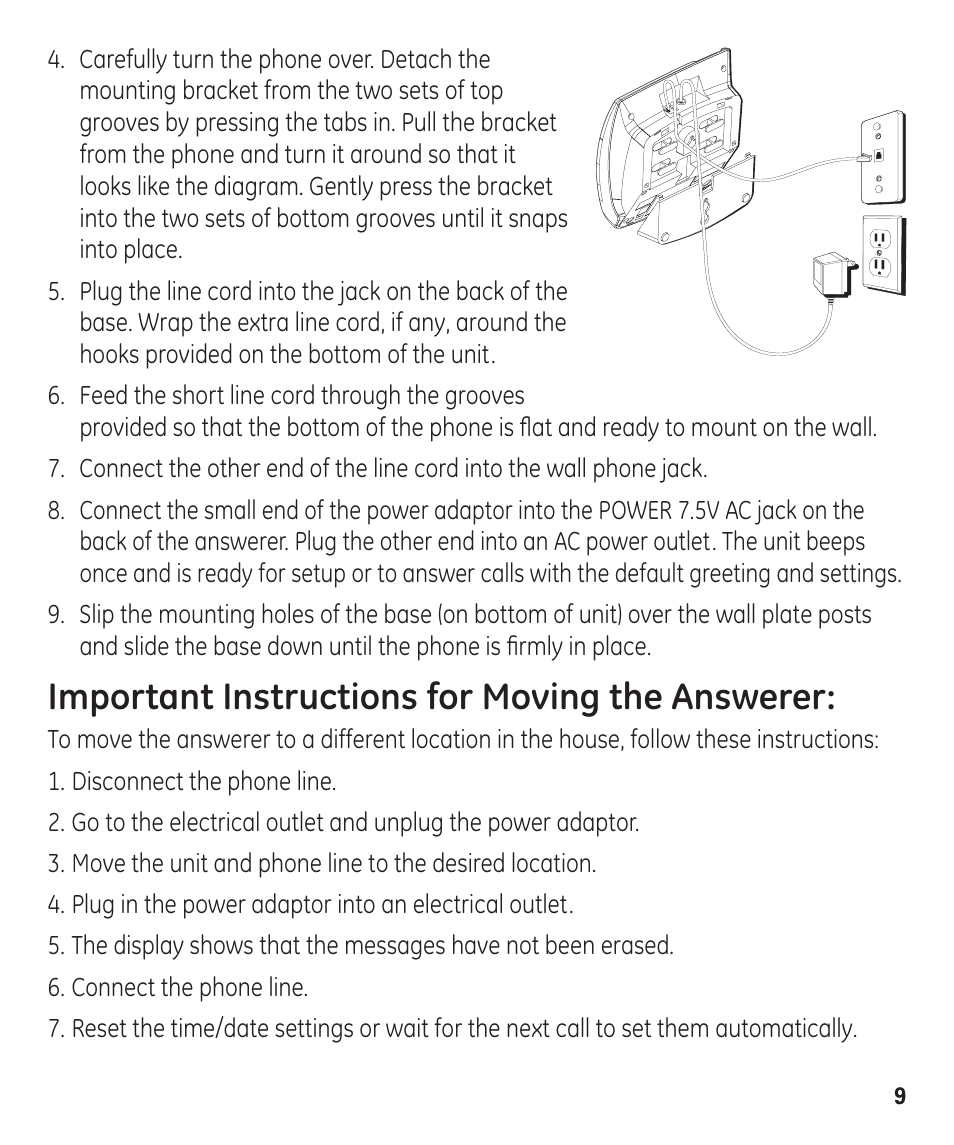 Important instructions for moving the answerer | GE 55927740 User Manual | Page 9 / 72