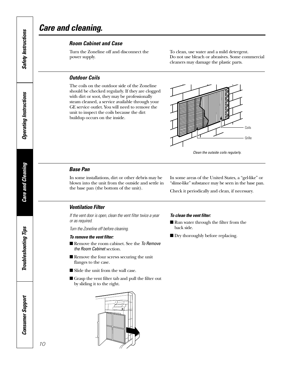 Base pan, Outdoor coils, Room cabinet and case | Vent filter, Care and cleaning | GE 2800 User Manual | Page 10 / 84