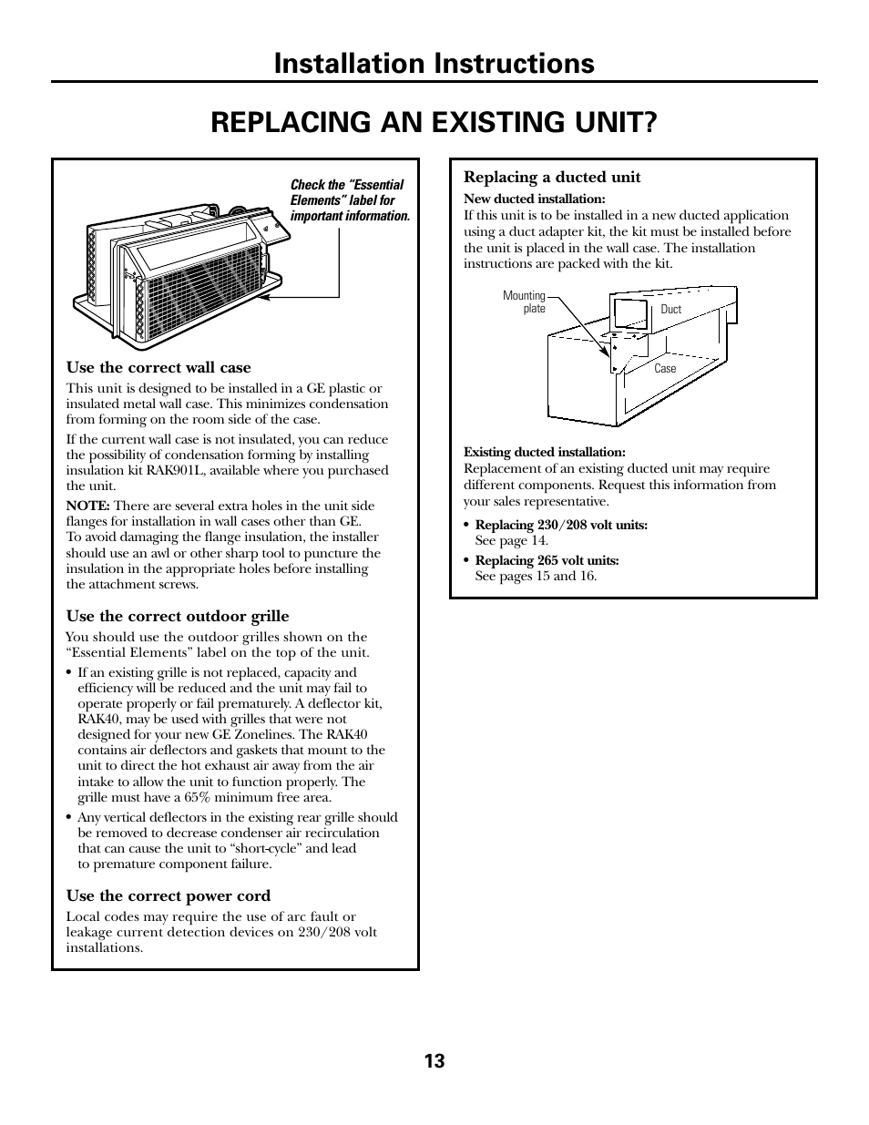 Replacing an existing unit, Installation instructions | GE 2800 User Manual | Page 13 / 84