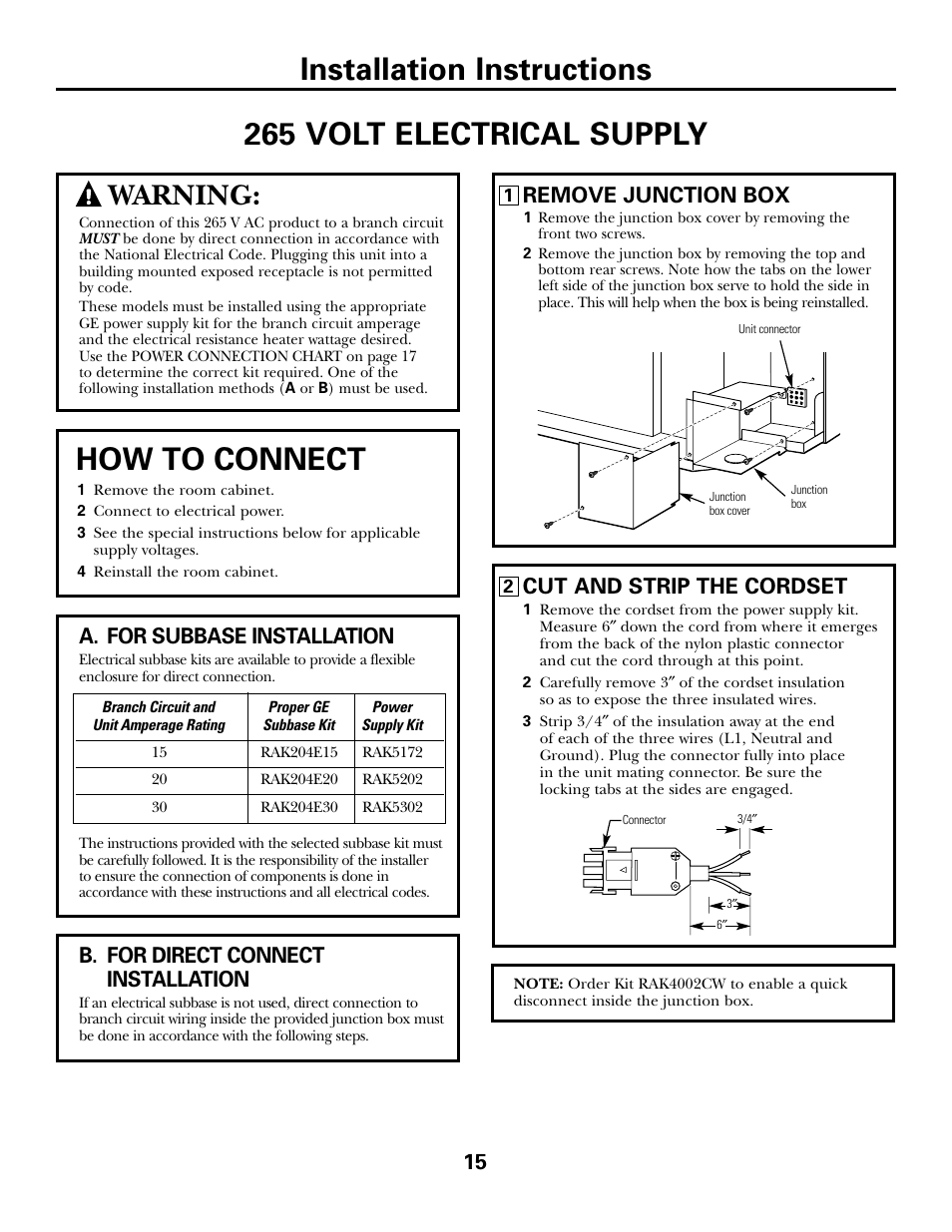 How to connect, Warning, Remove junction box | Cut and strip the cordset, A. for subbase installation, B. for direct connect installation | GE 2800 User Manual | Page 15 / 84