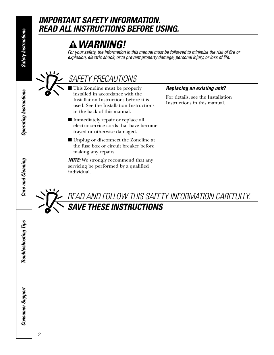 Safety instructions, Warning | GE 2800 User Manual | Page 2 / 84