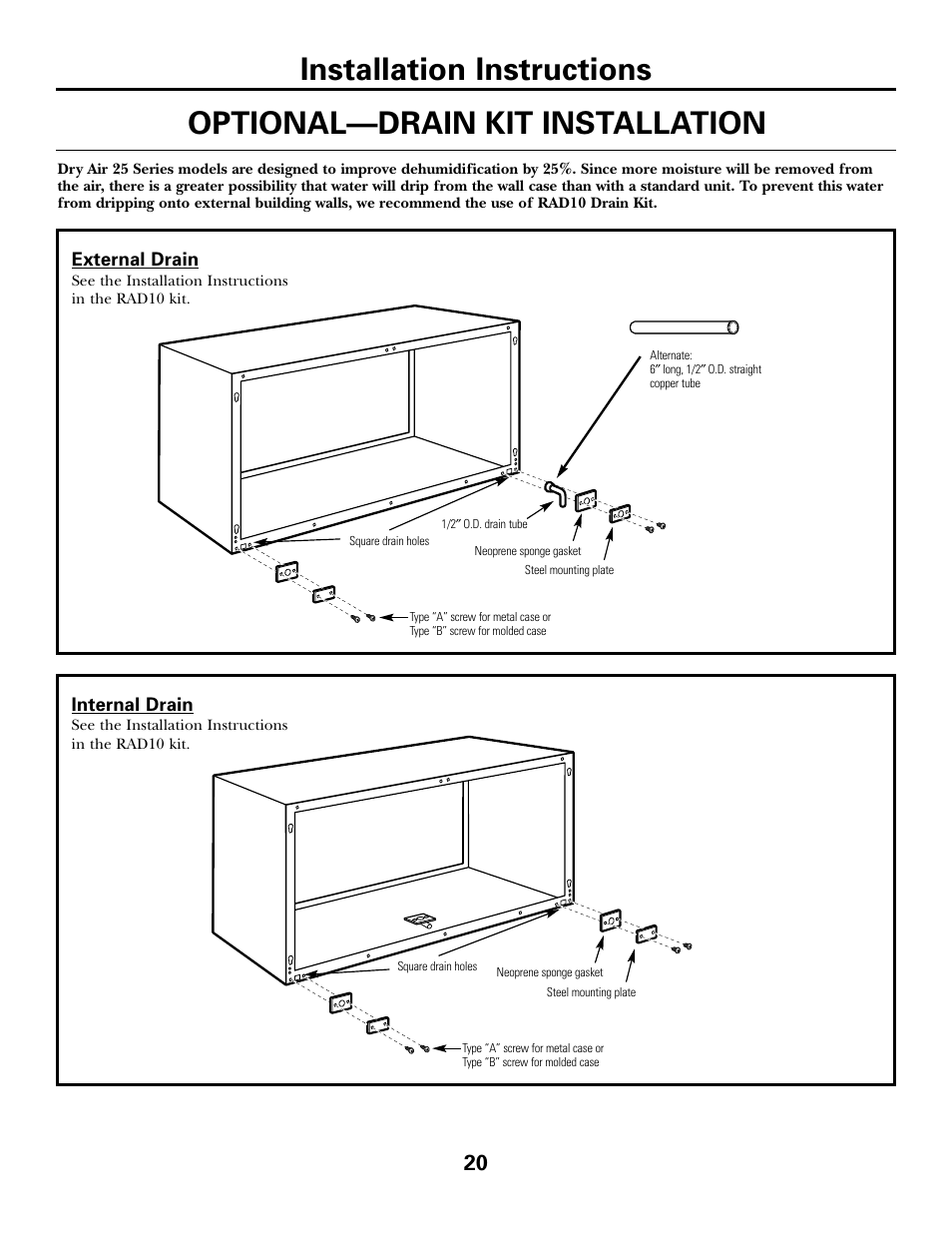 Optional drain kit, Installation instructions, Optional—drain kit installation | GE 2800 User Manual | Page 20 / 84