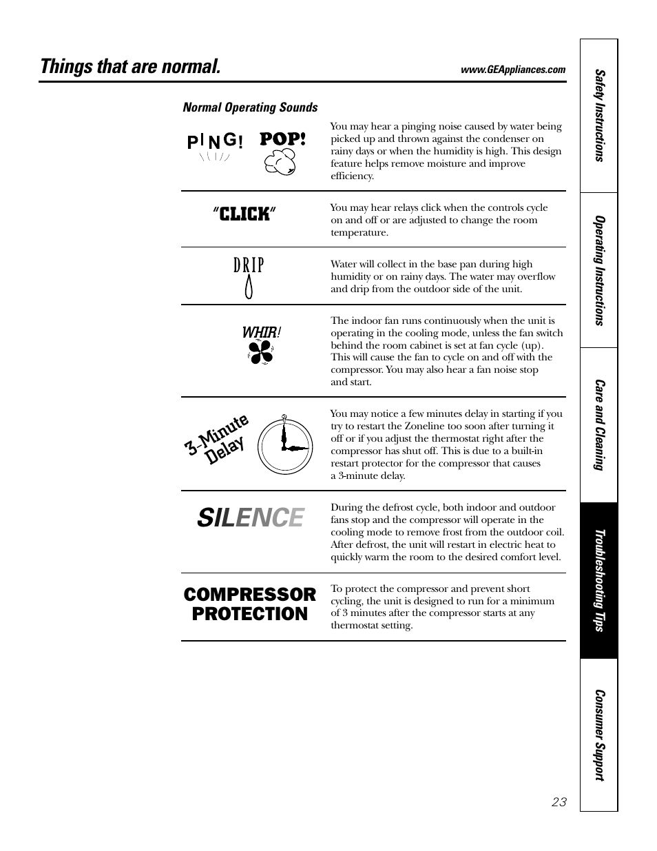 Normal operating sounds, Things that are normal, Minute dela y “click | Compressor protection | GE 2800 User Manual | Page 23 / 84