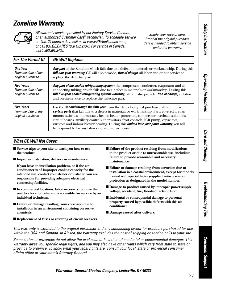 Warranty, Zoneline warranty | GE 2800 User Manual | Page 27 / 84