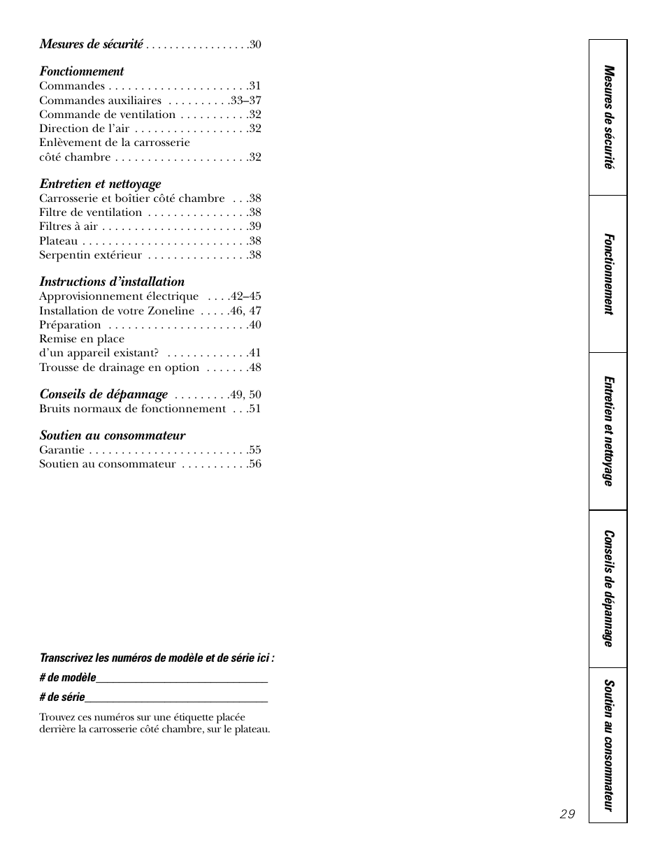 French table of contents, Fonctionnement, Entretien et nettoyage | Instructions d’installation, Soutien au consommateur | GE 2800 User Manual | Page 29 / 84