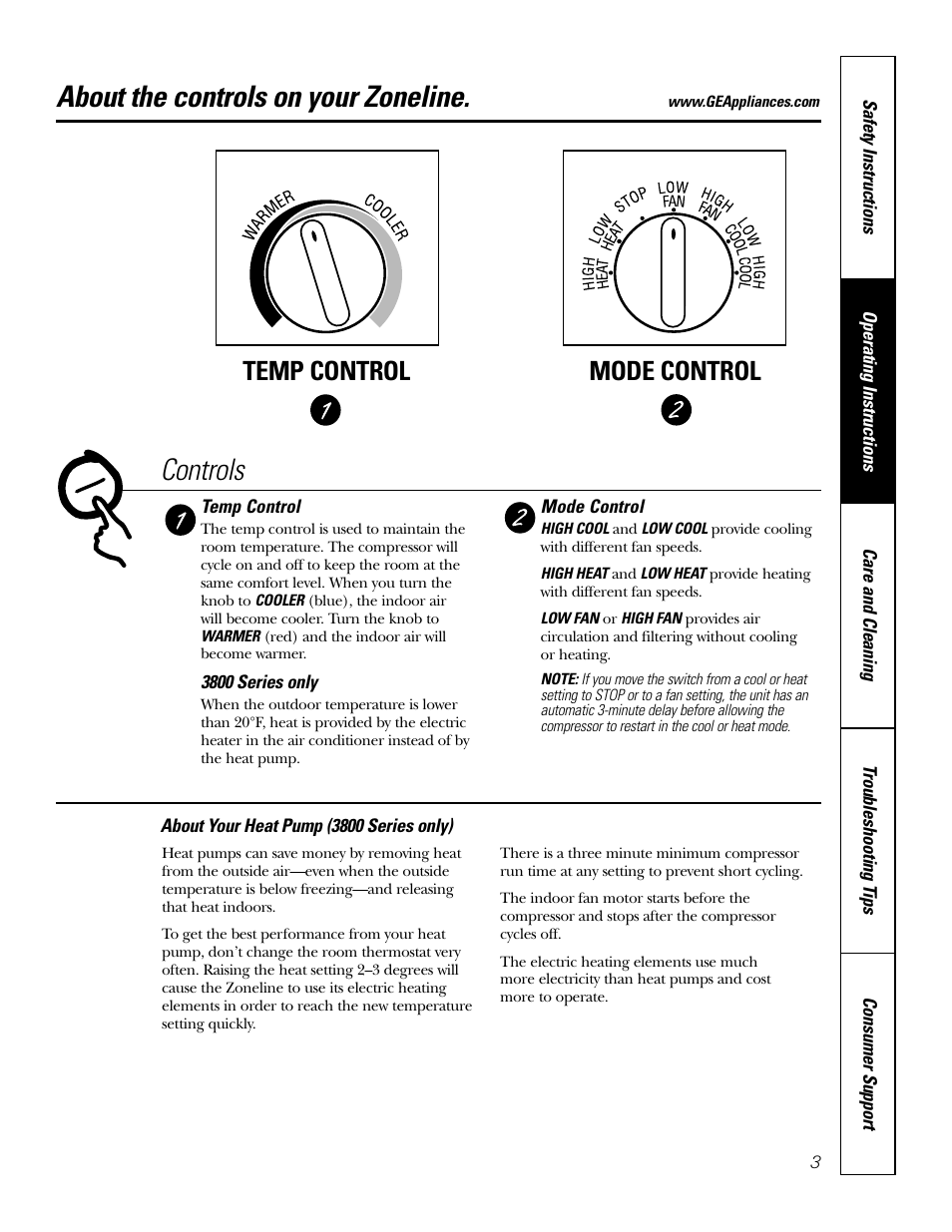 Controls, About the controls on your zoneline, Temp control mode control | GE 2800 User Manual | Page 3 / 84