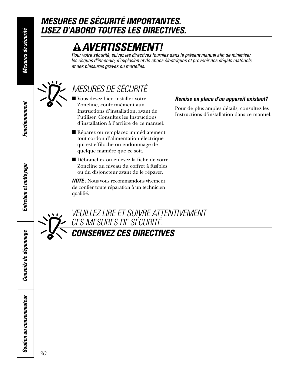 Mesures de sécurité, Avertissement | GE 2800 User Manual | Page 30 / 84