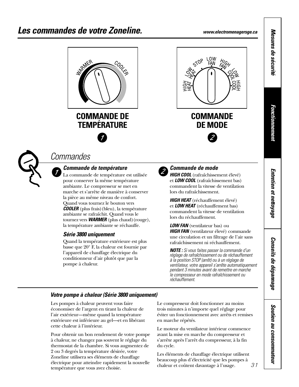 Commandes, Les commandes de votre zoneline, Commande de température commande de mode | GE 2800 User Manual | Page 31 / 84