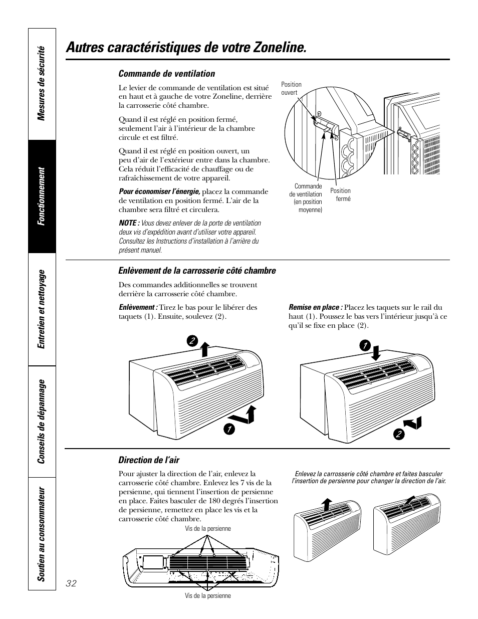 Commande de ventilation, Direction de l’air, Enlèvement de la carrosserie côté chambre | Autres caractéristiques de votre zoneline | GE 2800 User Manual | Page 32 / 84