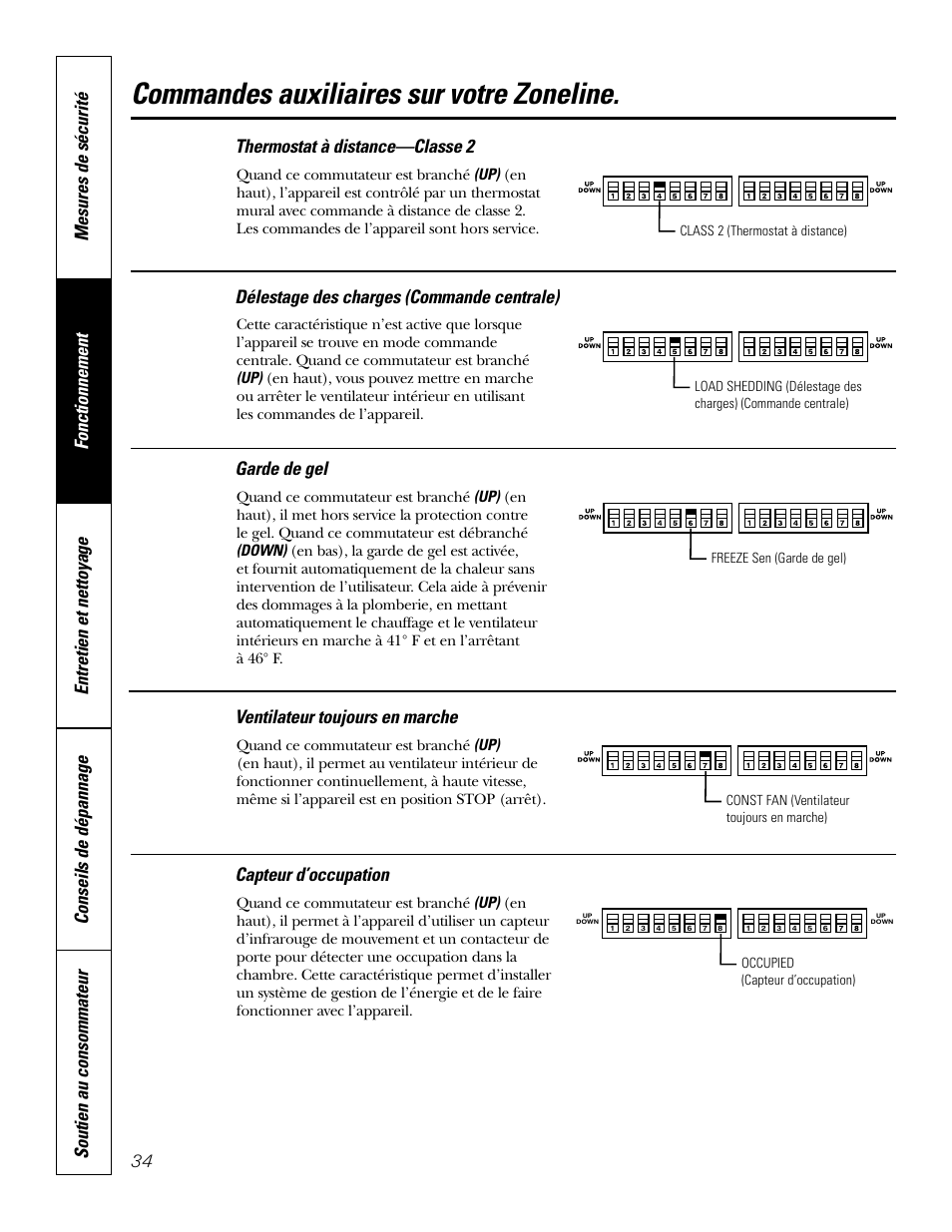 Commandes auxiliaires sur votre zoneline, Thermostat à distance—classe 2, Délestage des charges (commande centrale) | Garde de gel, Ventilateur toujours en marche, Capteur d’occupation | GE 2800 User Manual | Page 34 / 84
