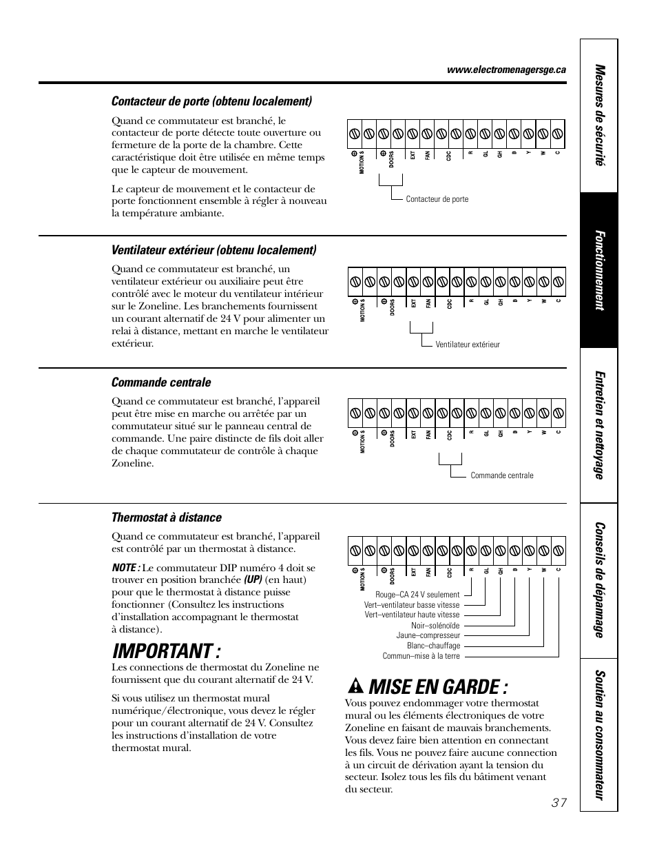 Important, Mise en garde | GE 2800 User Manual | Page 37 / 84