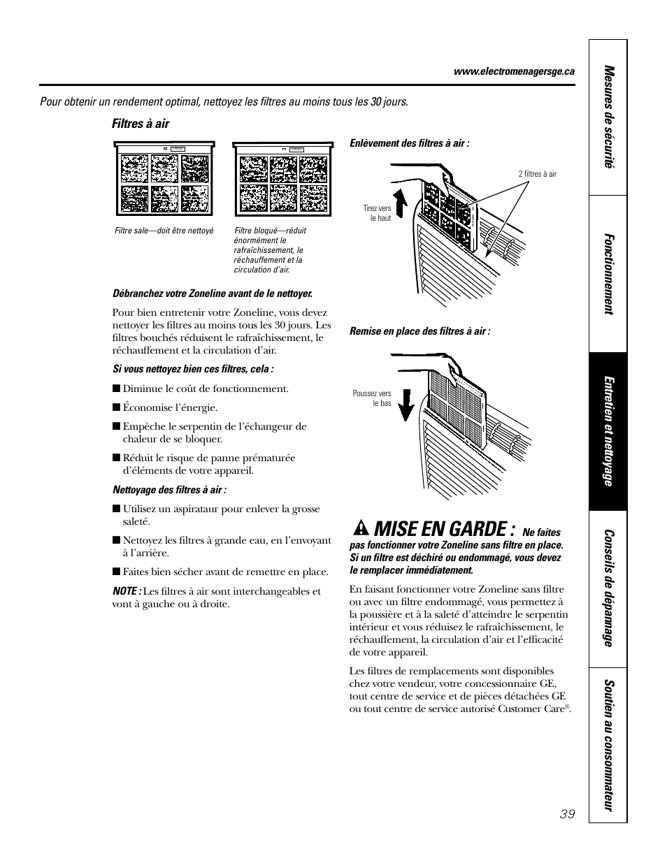 Filtres à air, Mise en garde | GE 2800 User Manual | Page 39 / 84