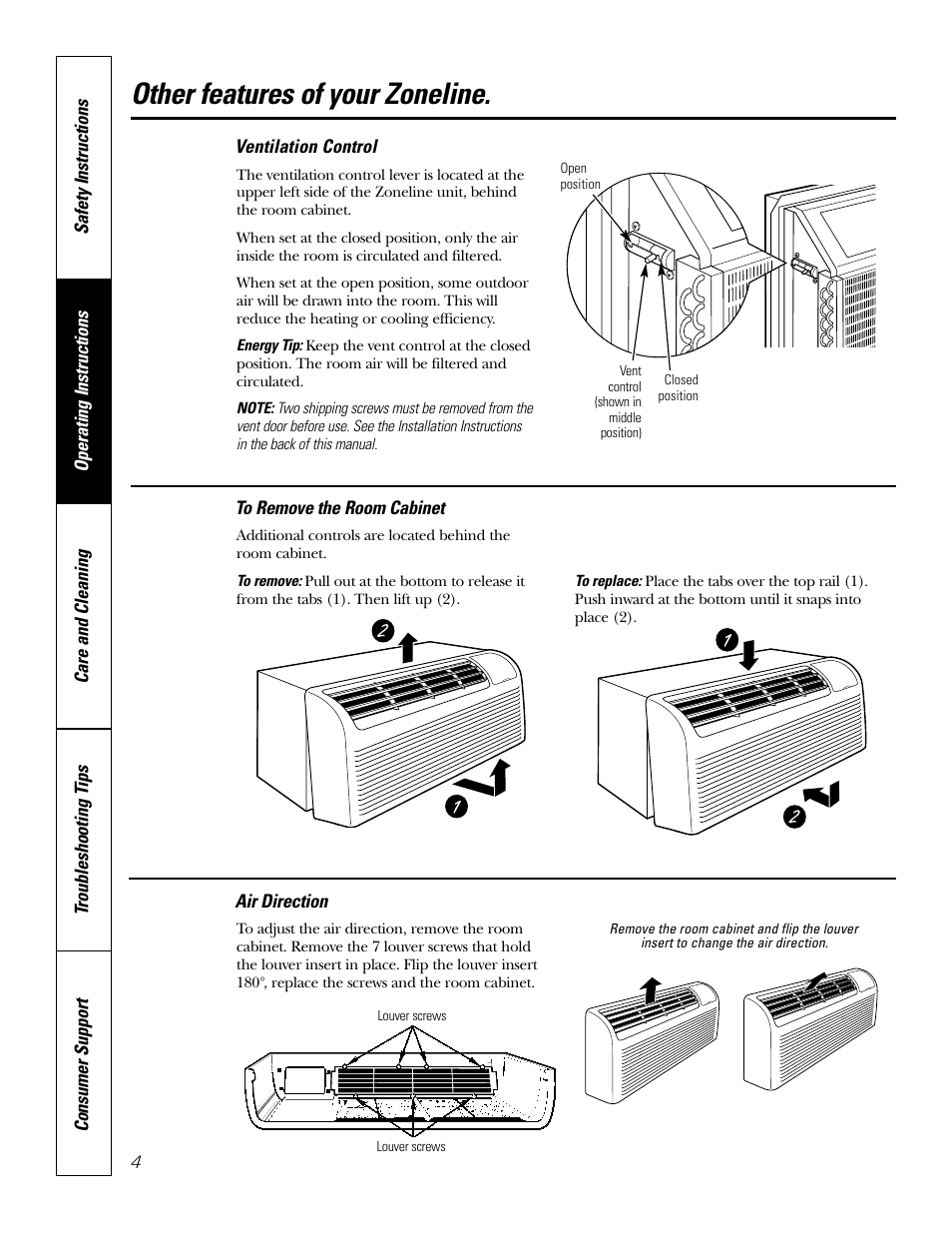 Air direction, To remove the room cabinet, Vent control | To remove the room cabinet vent control, Other features of your zoneline | GE 2800 User Manual | Page 4 / 84