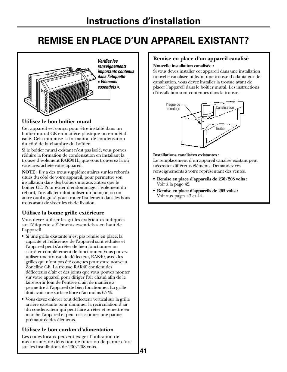 Remise en place d’un appareil existant, Instructions d’installation | GE 2800 User Manual | Page 41 / 84