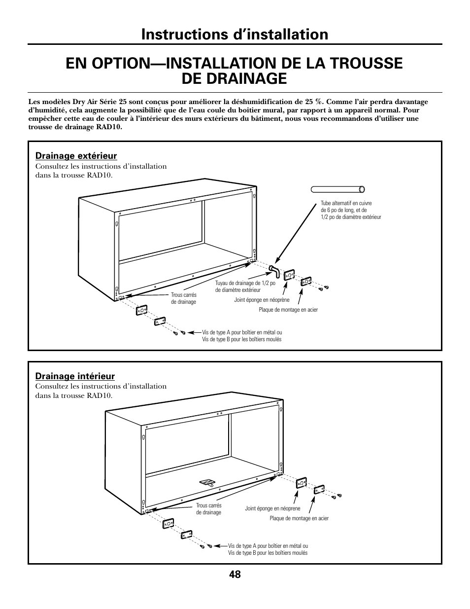 Trousse de drainage en option, Instructions d’installation, En option—installation de la trousse de drainage | GE 2800 User Manual | Page 48 / 84