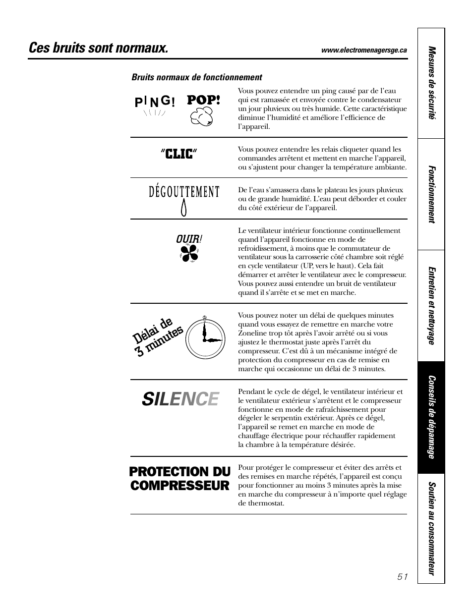 Bruits normaux de fonctionnement, Ces bruits sont normaux, Délai de 3 minutes “clic | Protection du compresseur | GE 2800 User Manual | Page 51 / 84