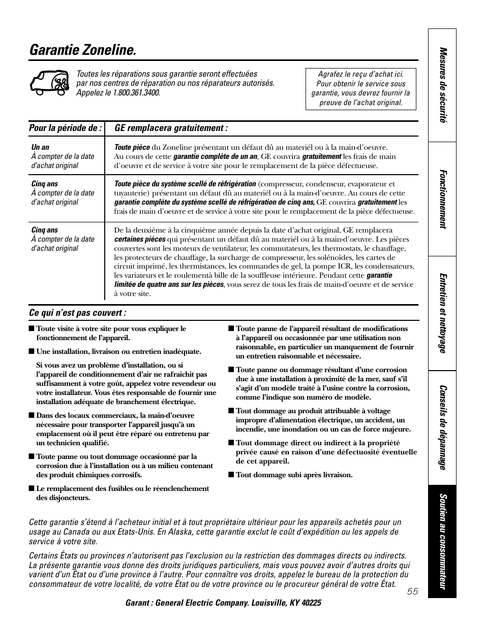 Garantie, Garantie zoneline | GE 2800 User Manual | Page 55 / 84