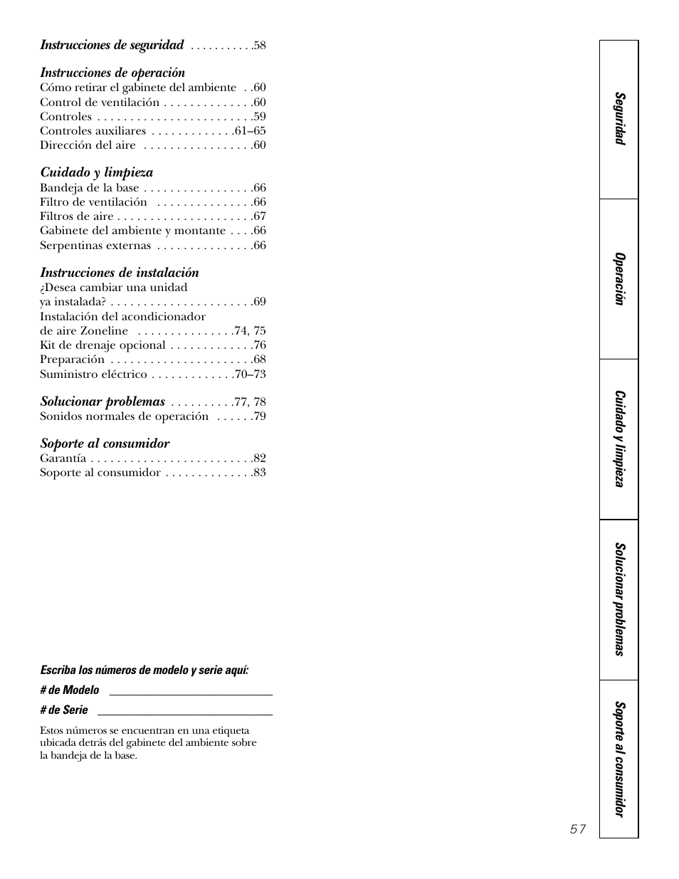 Spanish table of contents, Instrucciones de operación, Cuidado y limpieza | Instrucciones de instalación, Soporte al consumidor | GE 2800 User Manual | Page 57 / 84