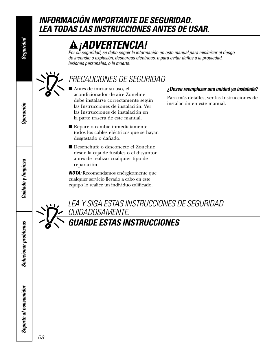 Instrucciones de seguridad, Advertencia | GE 2800 User Manual | Page 58 / 84