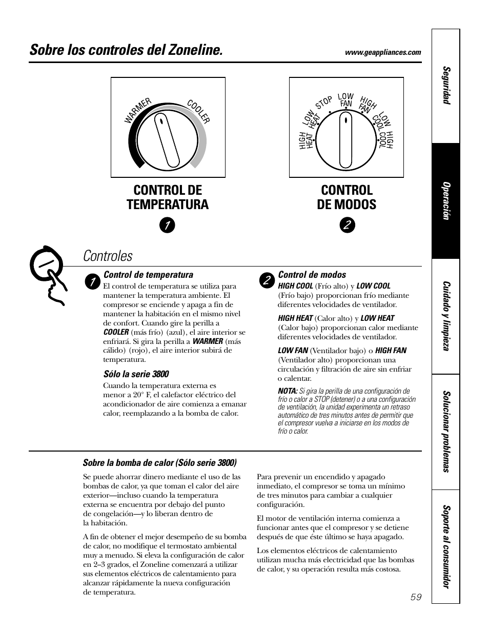 Controles, Sobre los controles del zoneline, Control de temperatura control de modos | GE 2800 User Manual | Page 59 / 84