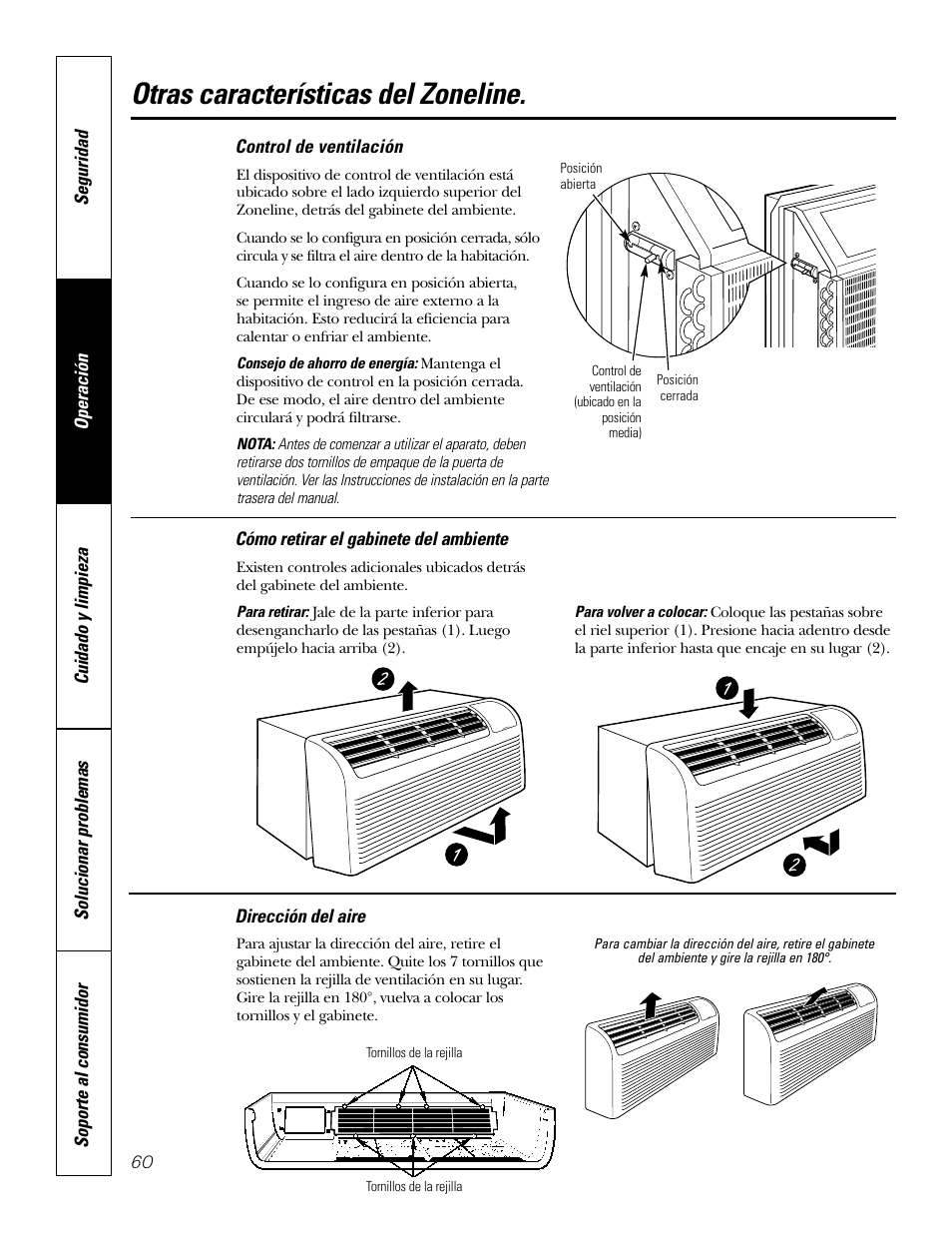 Cómo retirar el gabinete del ambiente, Control de ventilación, Dirección del aire | Otras características del zoneline | GE 2800 User Manual | Page 60 / 84
