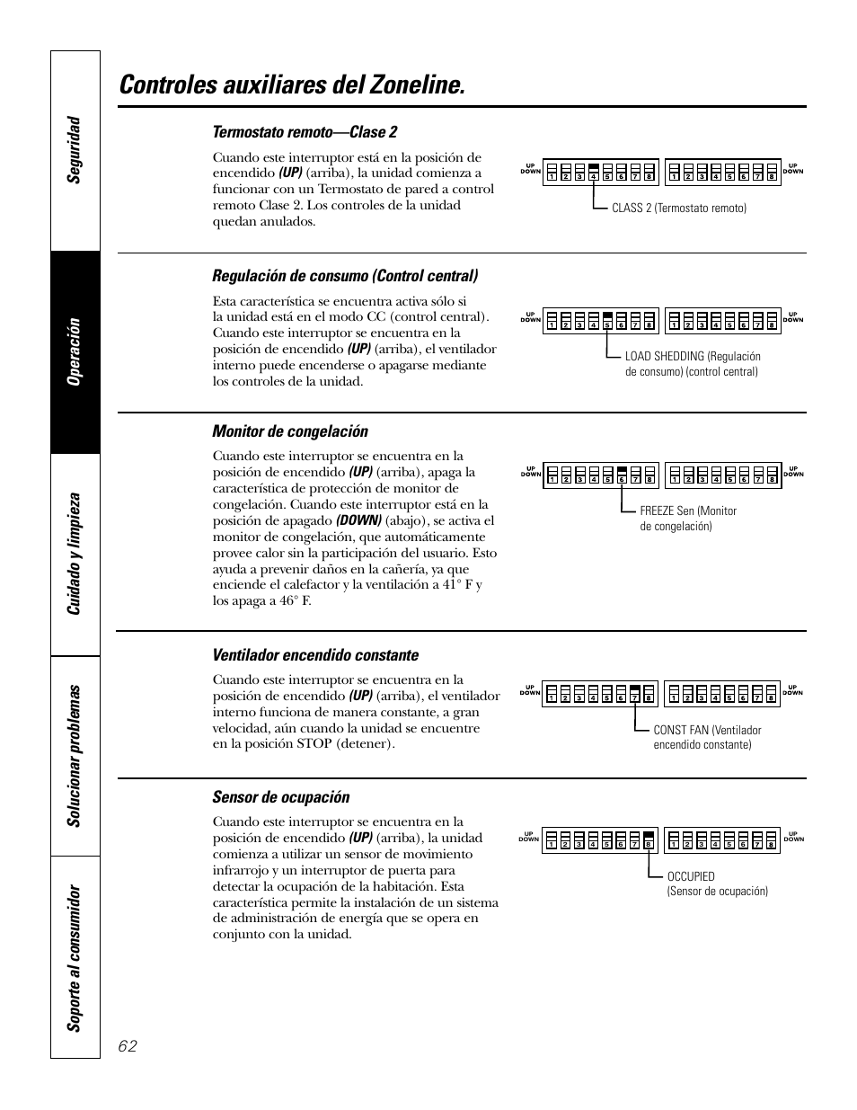 Controles auxiliares del zoneline, Termostato remoto—clase 2, Regulación de consumo (control central) | Monitor de congelación, Ventilador encendido constante, Sensor de ocupación | GE 2800 User Manual | Page 62 / 84