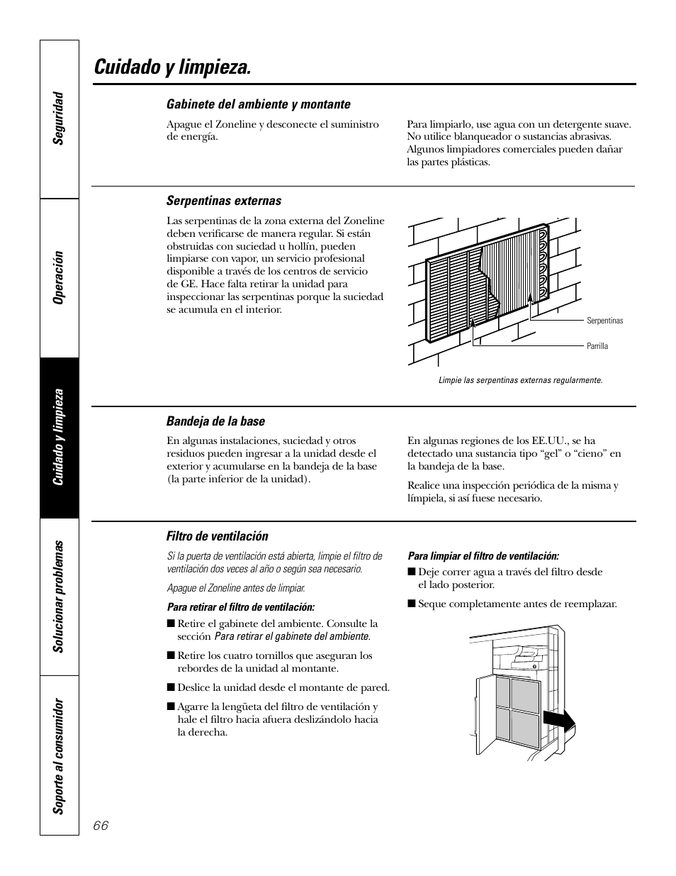 Bandeja de la base, Filtro de ventilación, Gabinete del ambiente y montante | Serpentinas externas, Bandeja de la base filtro de ventilación, Cuidado y limpieza | GE 2800 User Manual | Page 66 / 84