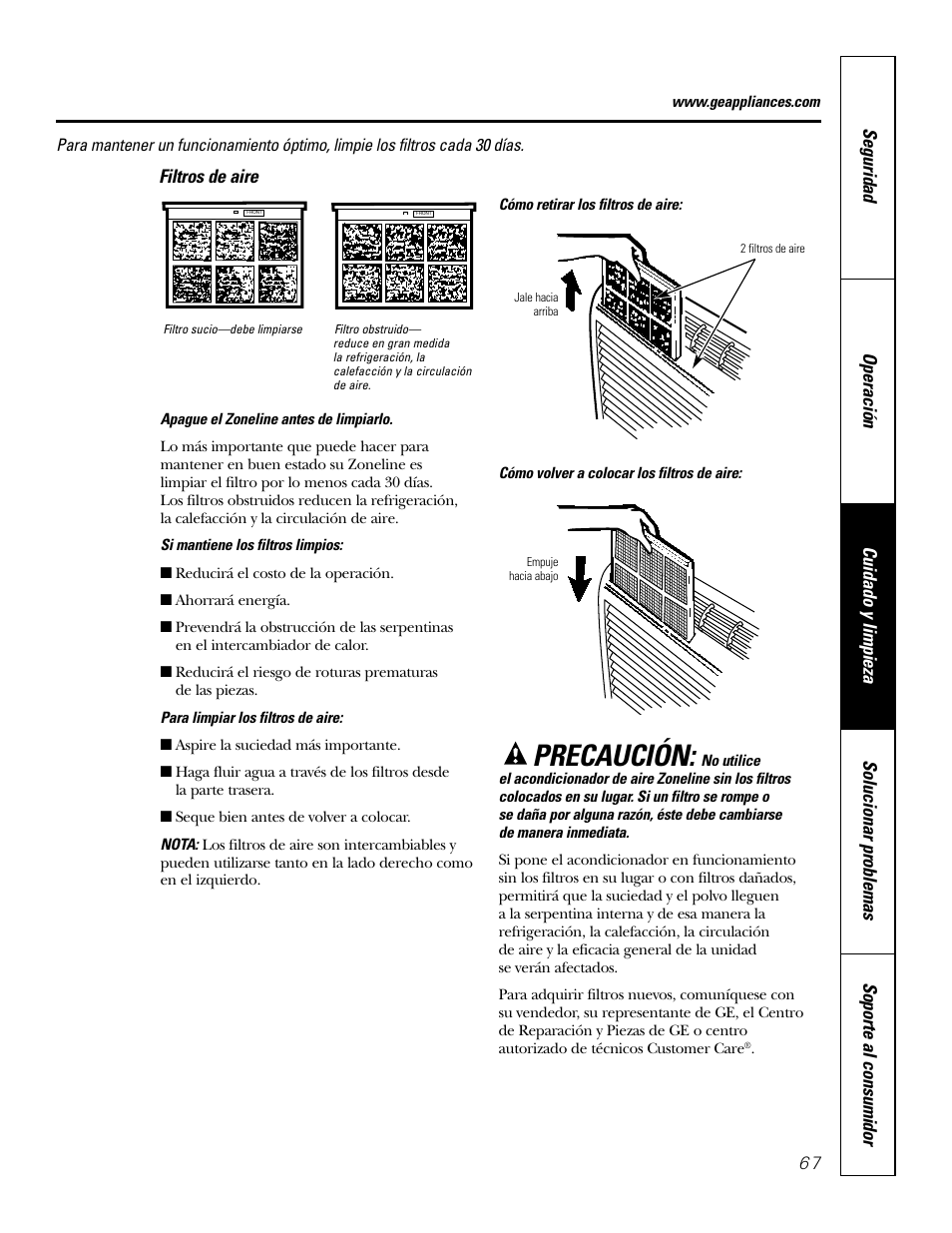Filtros de aire, Precaución | GE 2800 User Manual | Page 67 / 84