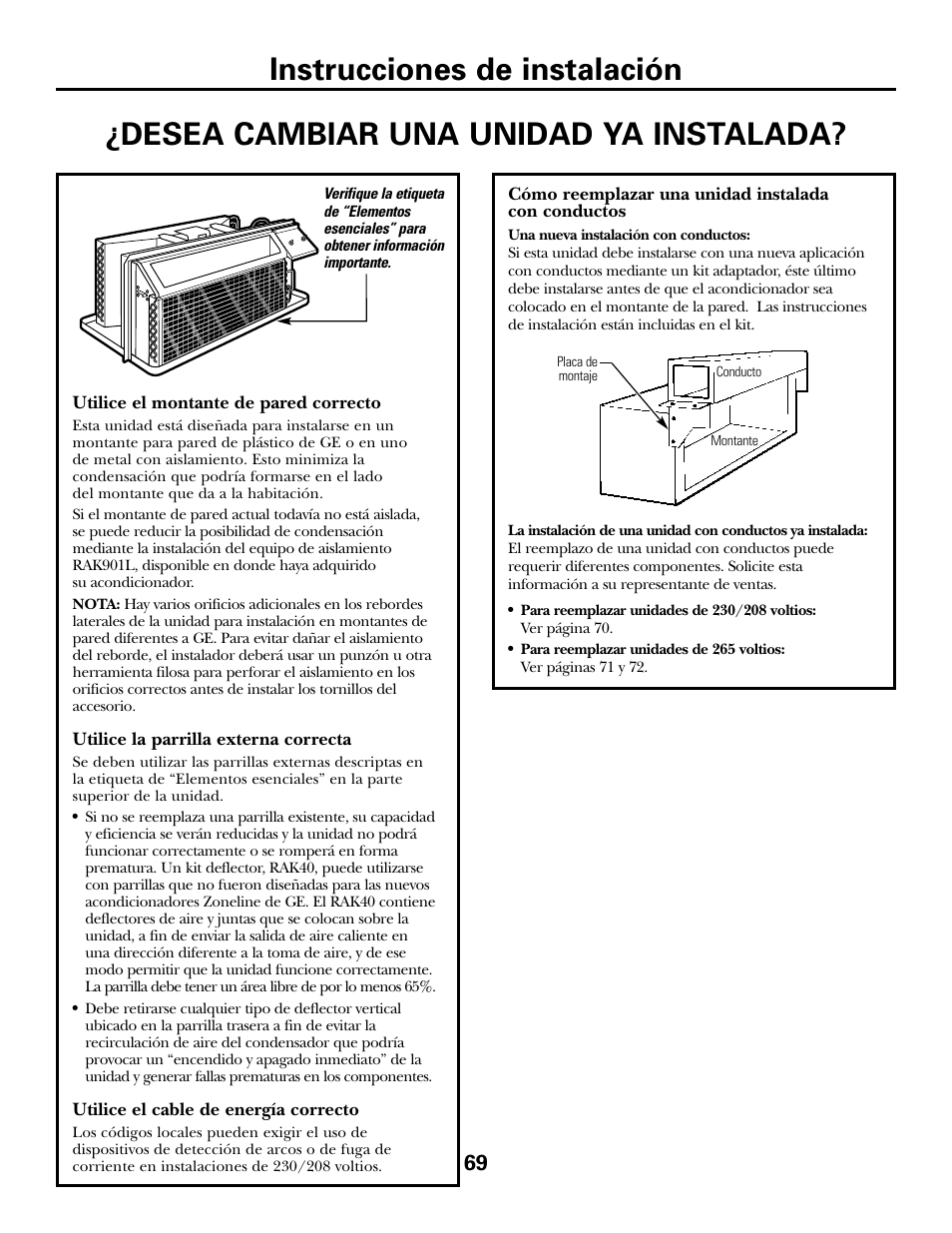 Desea cambiar una unidad ya instalada, Instrucciones de instalación | GE 2800 User Manual | Page 69 / 84