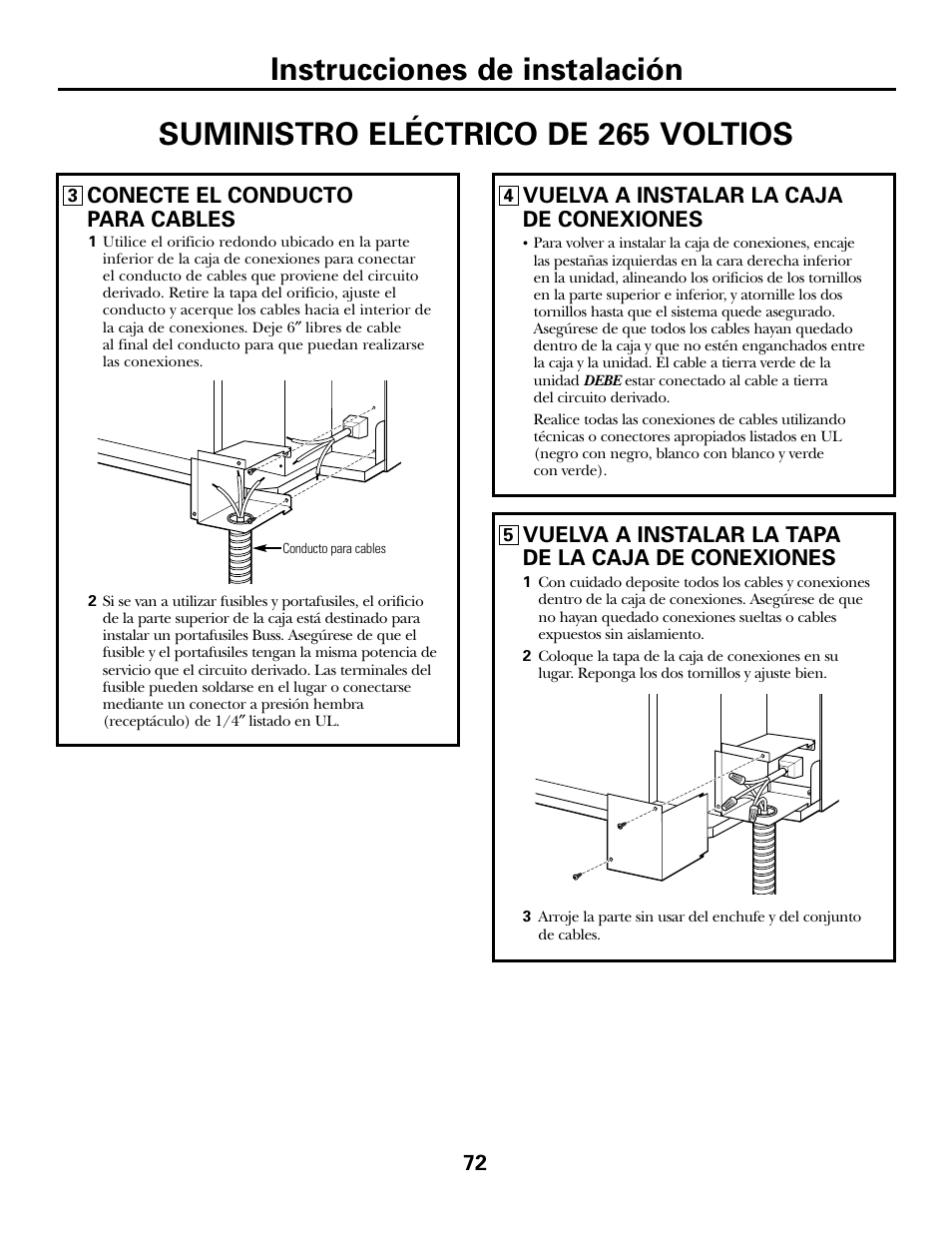 Instrucciones de instalación, Suministro eléctrico de 265 voltios | GE 2800 User Manual | Page 72 / 84