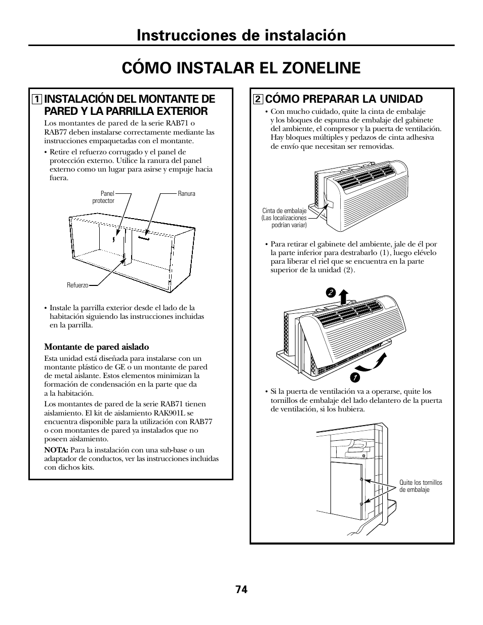 Instalación del acondicionador de aire zoneline, Instrucciones de instalación, Cómo instalar el zoneline | Cómo preparar la unidad | GE 2800 User Manual | Page 74 / 84