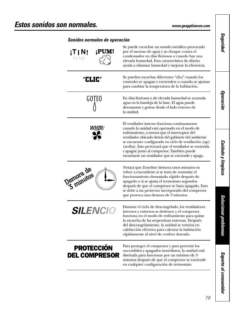 Sonidos normales de operación, Estos sonidos son normales, Demora de 3 minutos “clic | Protección del compresor | GE 2800 User Manual | Page 79 / 84