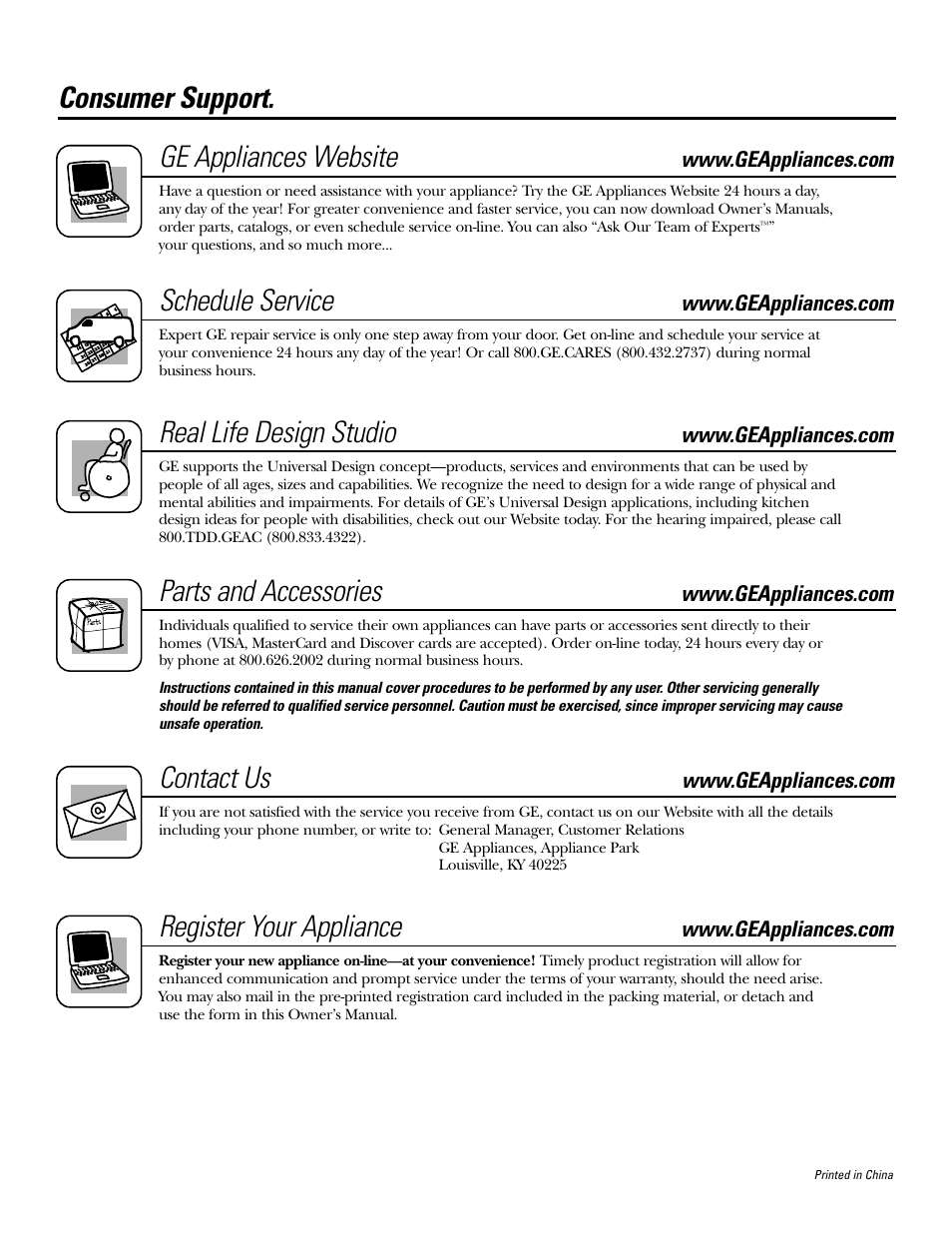 Consumer support, Consumer support . . .back cover, Consumer support. ge appliances website | Schedule service, Real life design studio, Parts and accessories, Contact us, Register your appliance | GE 2800 User Manual | Page 84 / 84