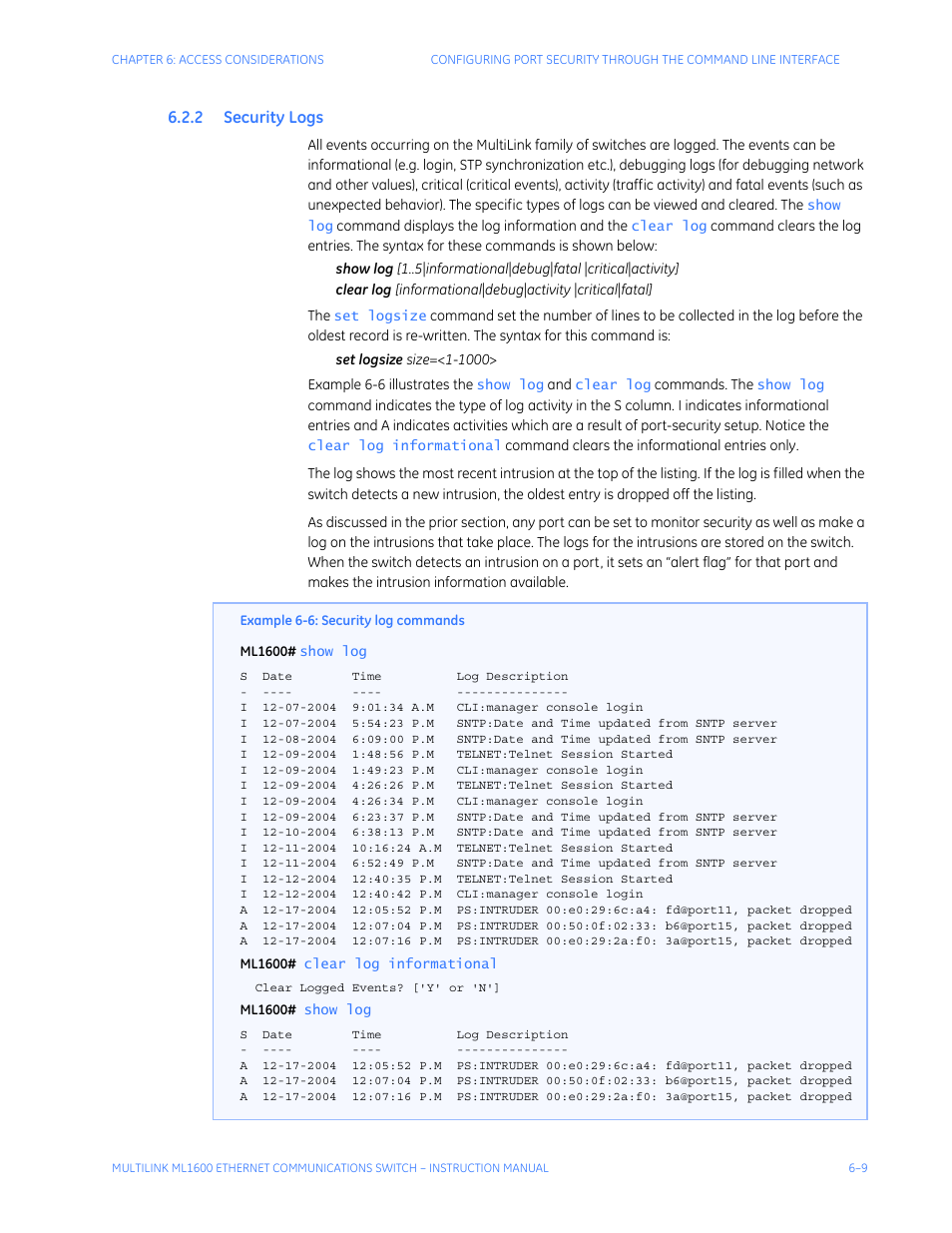 2 security logs, Ecurity | GE ML1600 User Manual | Page 105 / 324
