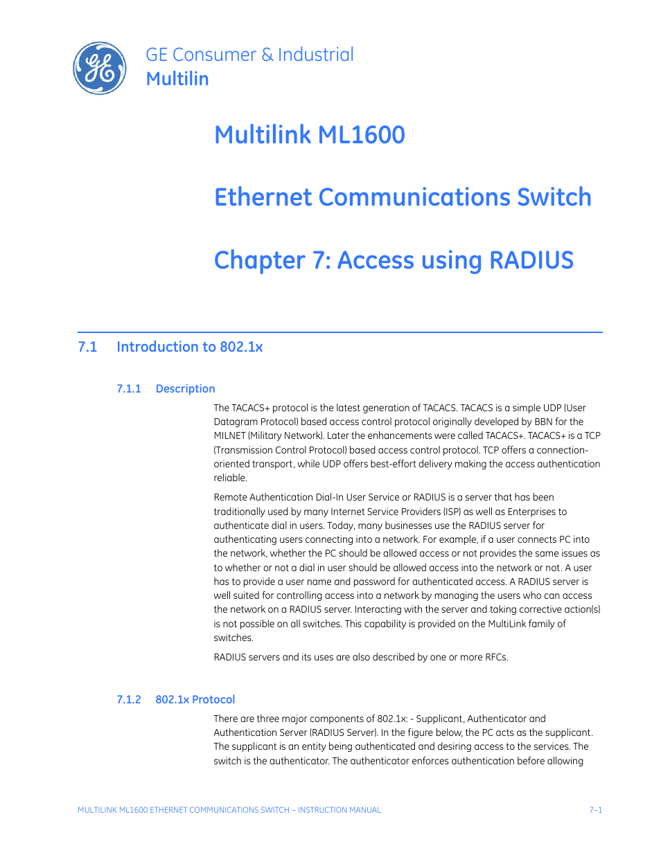 Access using radius, 1 introduction to 802.1x, 1 description | 2 802.1x protocol, Introduction to 802.1x -1, Escription, Rotocol, Ge consumer & industrial multilin | GE ML1600 User Manual | Page 113 / 324