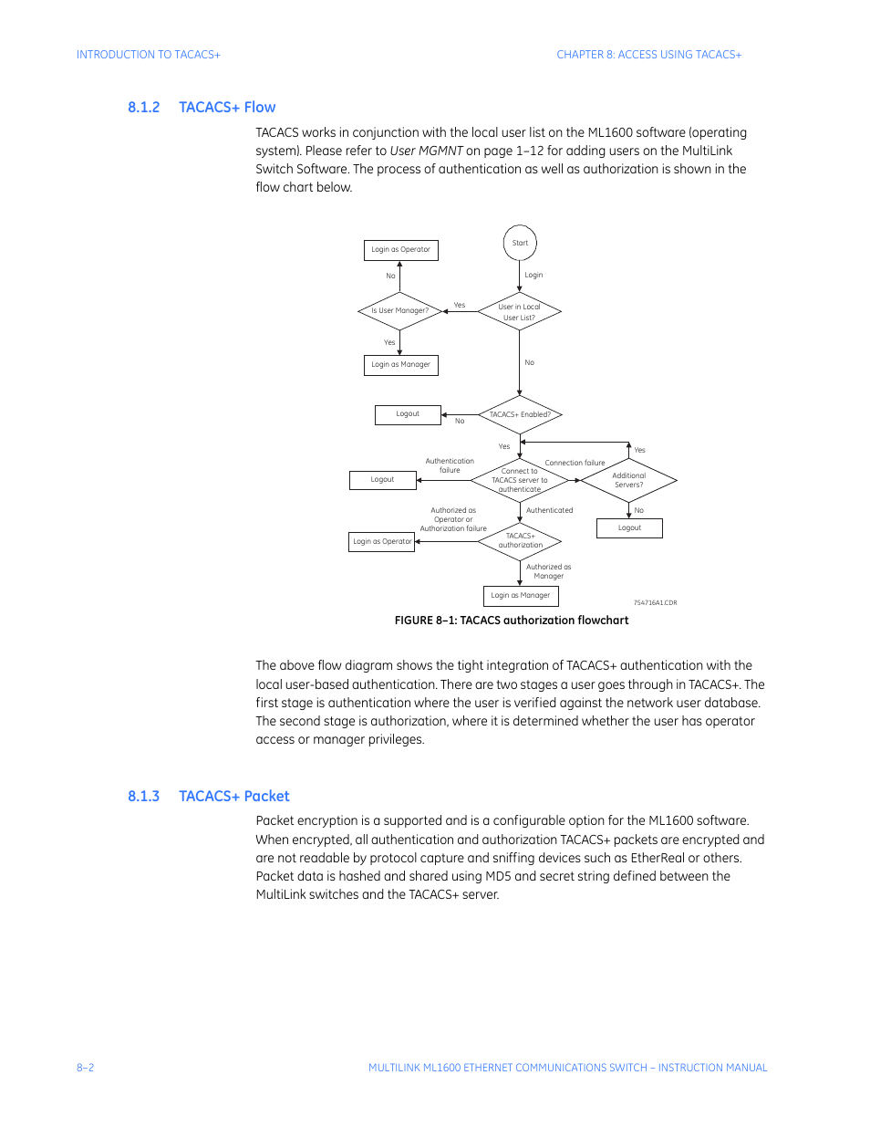 2 tacacs+ flow, 3 tacacs+ packet, Tacacs+ f | Tacacs+ p, Acket, Figure 8–1: tacacs authorization flowchart | GE ML1600 User Manual | Page 128 / 324