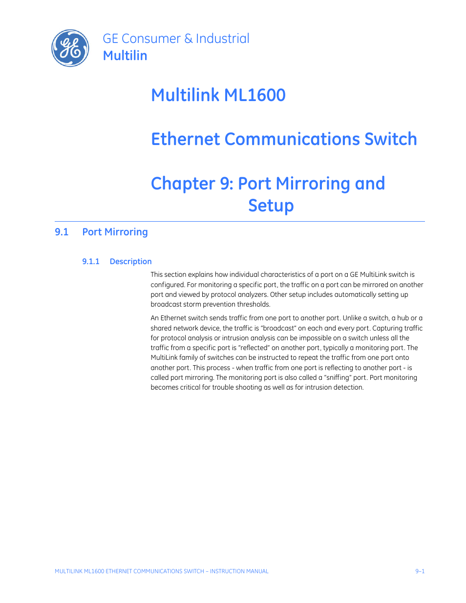 Port mirroring and setup, 1 port mirroring, 1 description | Port mirroring -1, Escription, Ge consumer & industrial multilin | GE ML1600 User Manual | Page 135 / 324