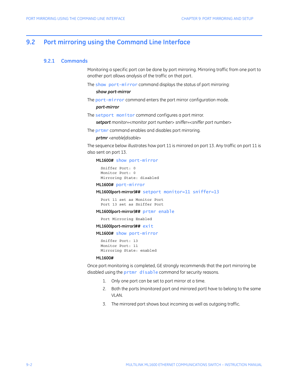 2 port mirroring using the command line interface, 1 commands, Port mirroring using the command line interface -2 | Ommands | GE ML1600 User Manual | Page 136 / 324