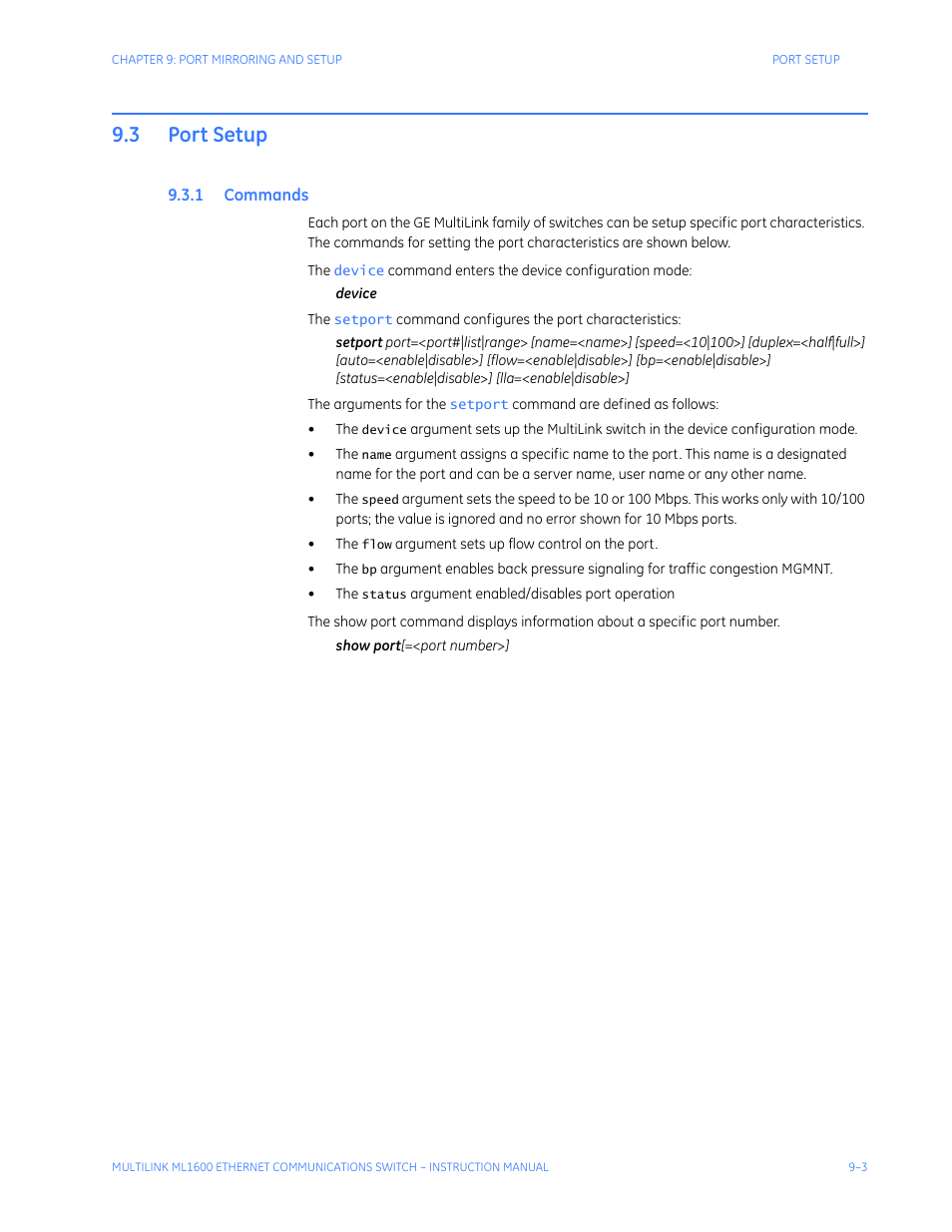 3 port setup, 1 commands, Port setup -3 | Ommands | GE ML1600 User Manual | Page 137 / 324