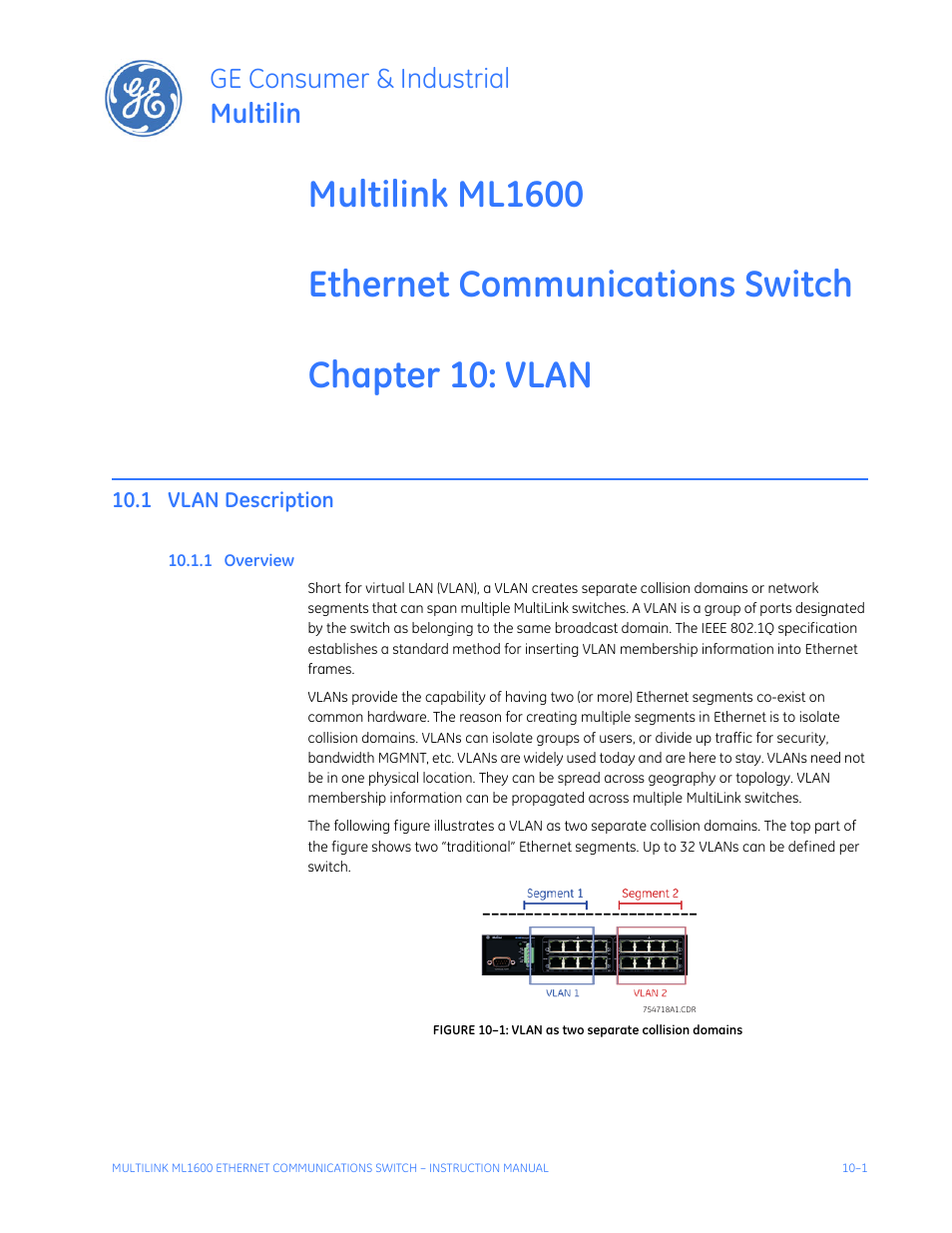 Vlan, 1 vlan description, 1 overview | Vlan description -1, Verview, Ge consumer & industrial multilin | GE ML1600 User Manual | Page 153 / 324