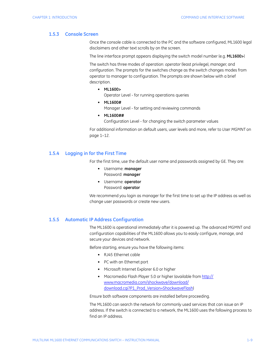 3 console screen, 4 logging in for the first time, 5 automatic ip address configuration | Onsole, Creen, Ogging, Irst, Utomatic, Ip a, Ddress | GE ML1600 User Manual | Page 17 / 324